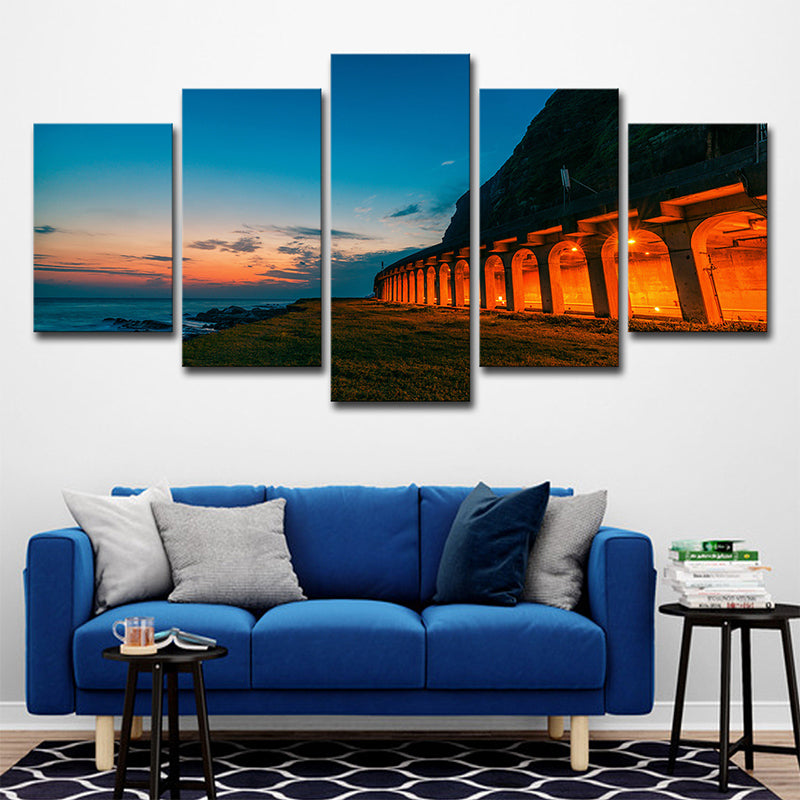 Brehn | Blaue Sonnenuntergang Landschaft Wandkunst Dekor Gebogen Architektur Modern Mehrteilige Leinwand
