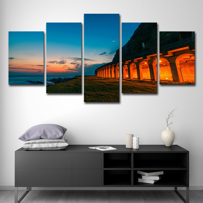 Brehn | Blaue Sonnenuntergang Landschaft Wandkunst Dekor Gebogen Architektur Modern Mehrteilige Leinwand