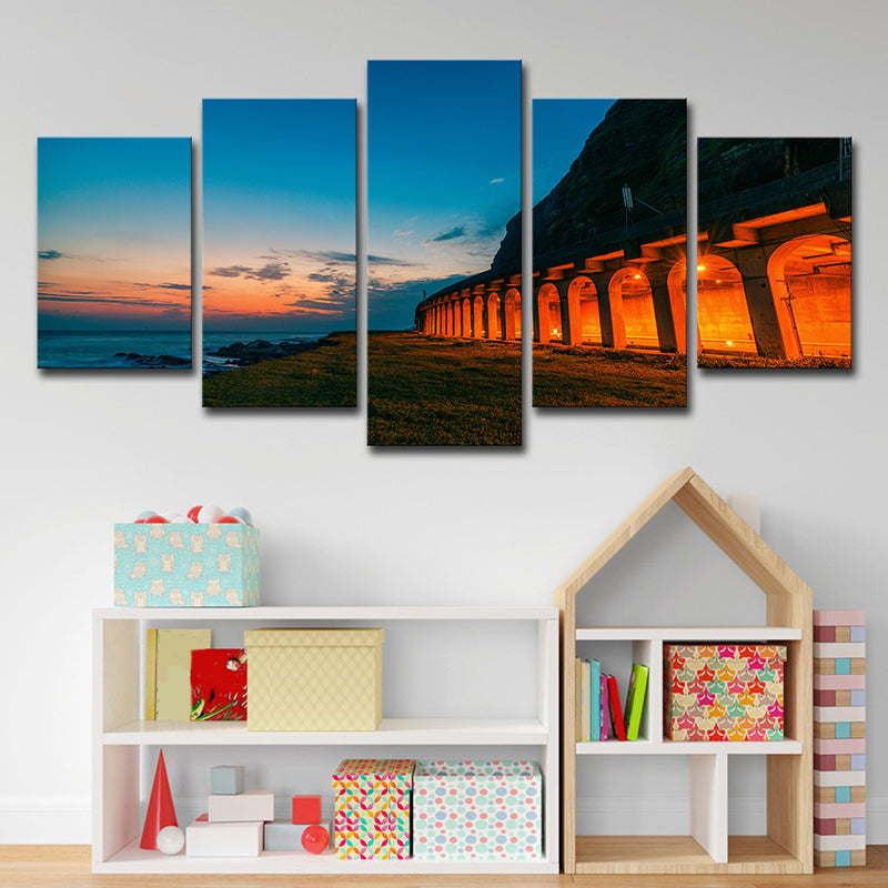 Brehn | Blaue Sonnenuntergang Landschaft Wandkunst Dekor Gebogen Architektur Modern Mehrteilige Leinwand