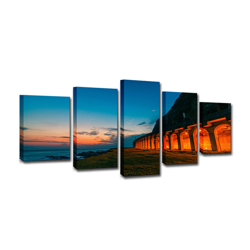 Brehn | Blaue Sonnenuntergang Landschaft Wandkunst Dekor Gebogen Architektur Modern Mehrteilige Leinwand