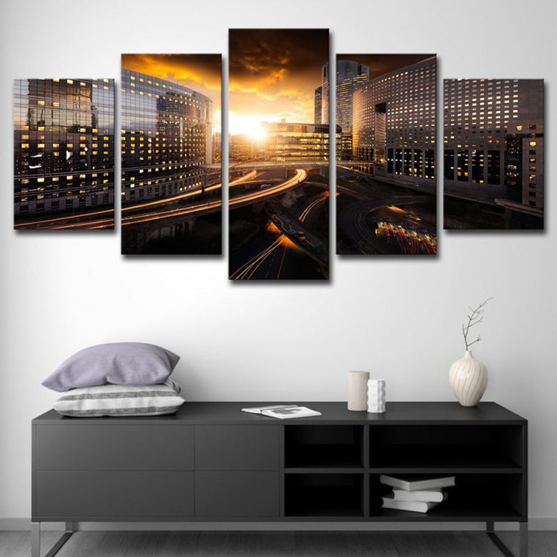 Brehn | Urban Sunset Stadtansicht Wandkunst Schwarz und Gold Mehrteiliges Leinwanddruck für Zuhause