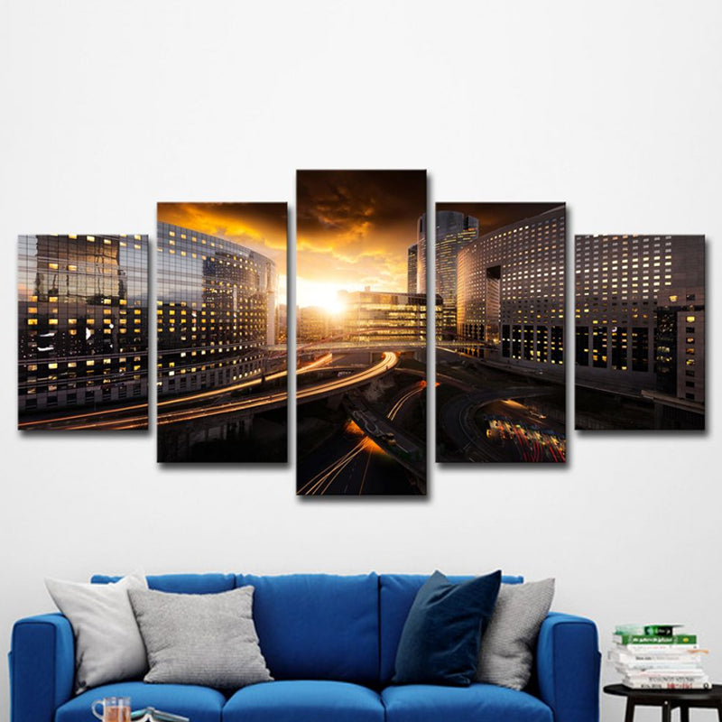 Brehn | Urban Sunset Stadtansicht Wandkunst Schwarz und Gold Mehrteiliges Leinwanddruck für Zuhause