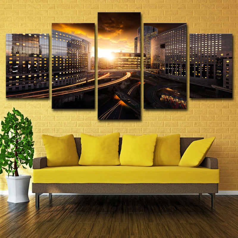 Brehn | Urban Sunset Stadtansicht Wandkunst Schwarz und Gold Mehrteiliges Leinwanddruck für Zuhause