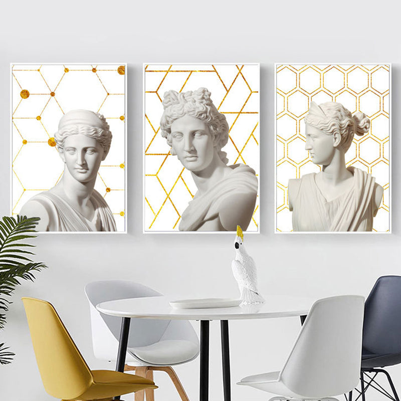 Brehn | Griechischer Status und geometrische Leinwand Vintage strukturierter Wandkunstdruck in Weiß-Gold für das Zuhause