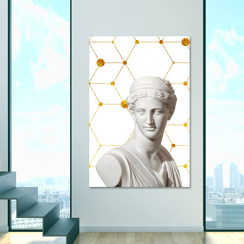 Brehn | Griechischer Status und geometrische Leinwand Vintage strukturierter Wandkunstdruck in Weiß-Gold für das Zuhause