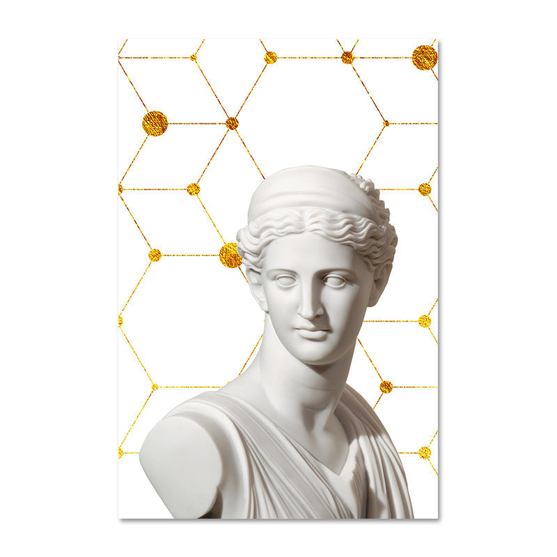Brehn | Griechischer Status und geometrische Leinwand Vintage strukturierter Wandkunstdruck in Weiß-Gold für das Zuhause