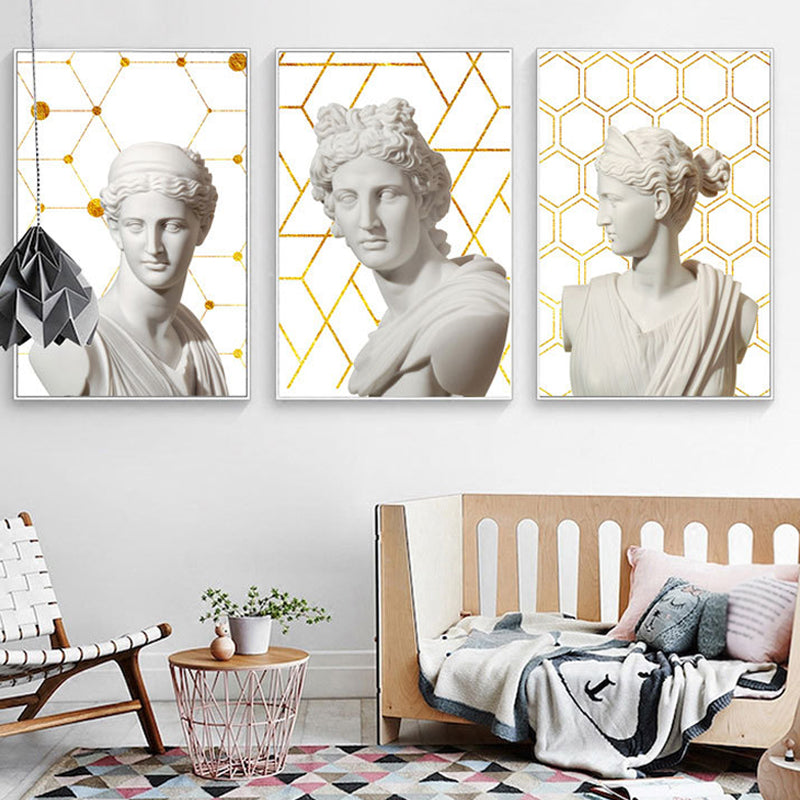 Brehn | Griechischer Status und geometrische Leinwand Vintage strukturierter Wandkunstdruck in Weiß-Gold für das Zuhause
