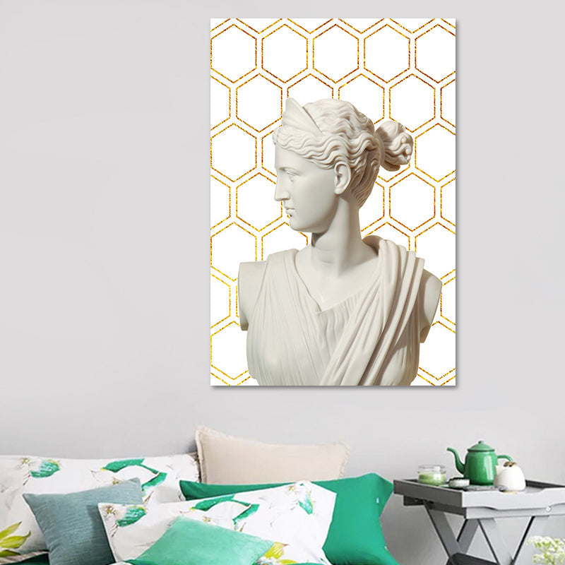 Brehn | Griechischer Status und geometrische Leinwand Vintage strukturierter Wandkunstdruck in Weiß-Gold für das Zuhause