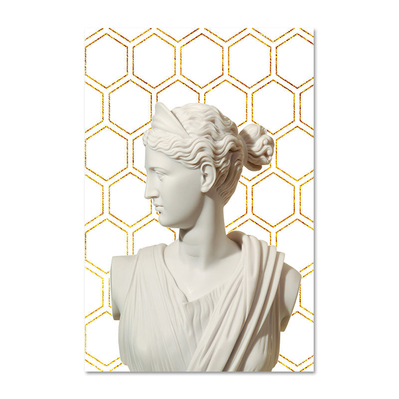 Brehn | Griechischer Status und geometrische Leinwand Vintage strukturierter Wandkunstdruck in Weiß-Gold für das Zuhause