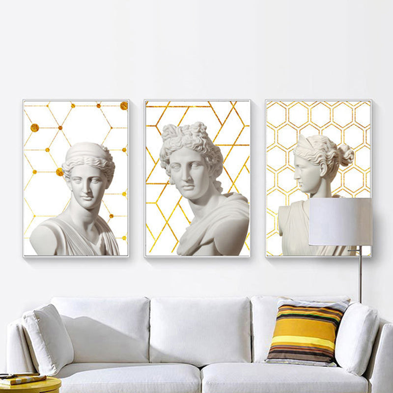 Brehn | Griechischer Status und geometrische Leinwand Vintage strukturierter Wandkunstdruck in Weiß-Gold für das Zuhause