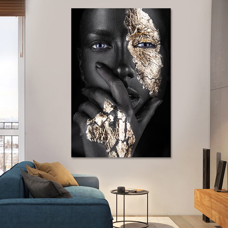 Brehn | Schwarz-Gold Frau Gesicht Canvas Druck Figur Glanz Texturierte Oberfläche Wand Kunst Dekor für Zimmer