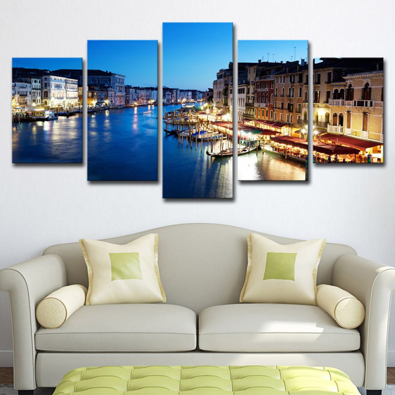Brehn | Blaue Venedig Nachtszene Leinwandkunst Mehrteilig Global Inspiriertes Schlafzimmer Wanddekoration
