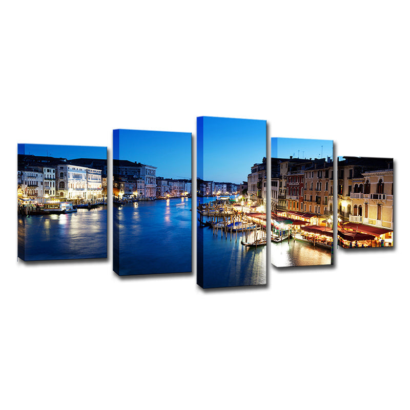 Brehn | Blaue Venedig Nachtszene Leinwandkunst Mehrteilig Global Inspiriertes Schlafzimmer Wanddekoration
