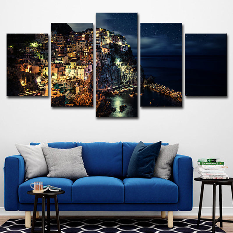 Brehn | Cinque Terre Nachtansicht Leinwand Schwarz Glam Wandkunst Druck für Wohnzimmer, Mehrteilig
