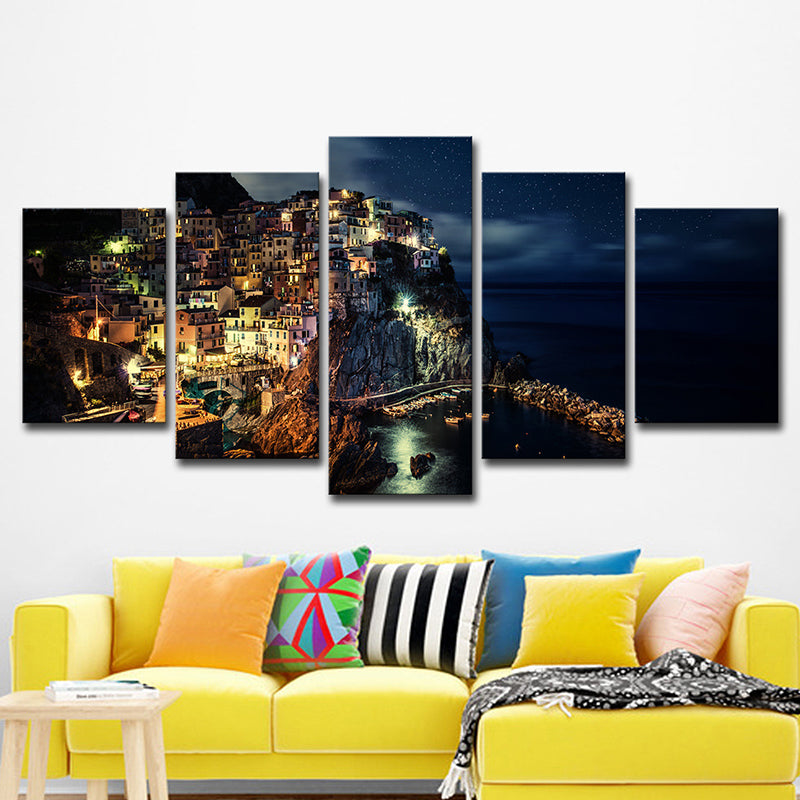 Brehn | Cinque Terre Nachtansicht Leinwand Schwarz Glam Wandkunst Druck für Wohnzimmer, Mehrteilig