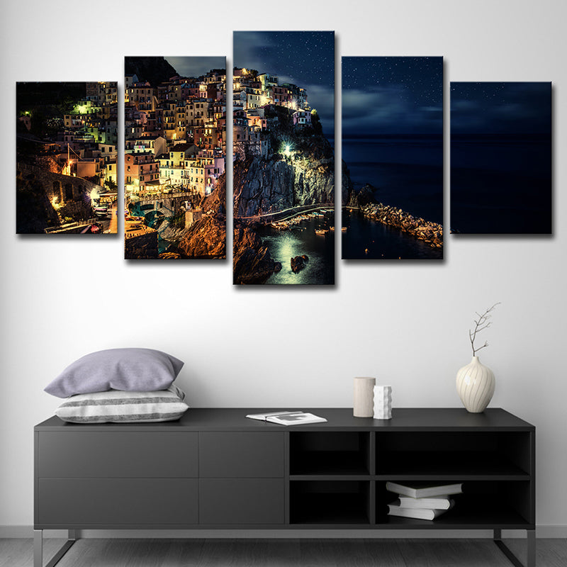 Brehn | Cinque Terre Nachtansicht Leinwand Schwarz Glam Wandkunst Druck für Wohnzimmer, Mehrteilig