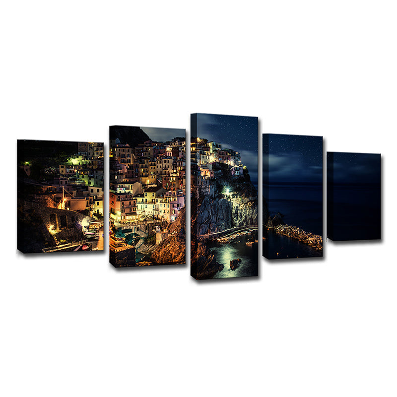 Brehn | Cinque Terre Nachtansicht Leinwand Schwarz Glam Wandkunst Druck für Wohnzimmer, Mehrteilig