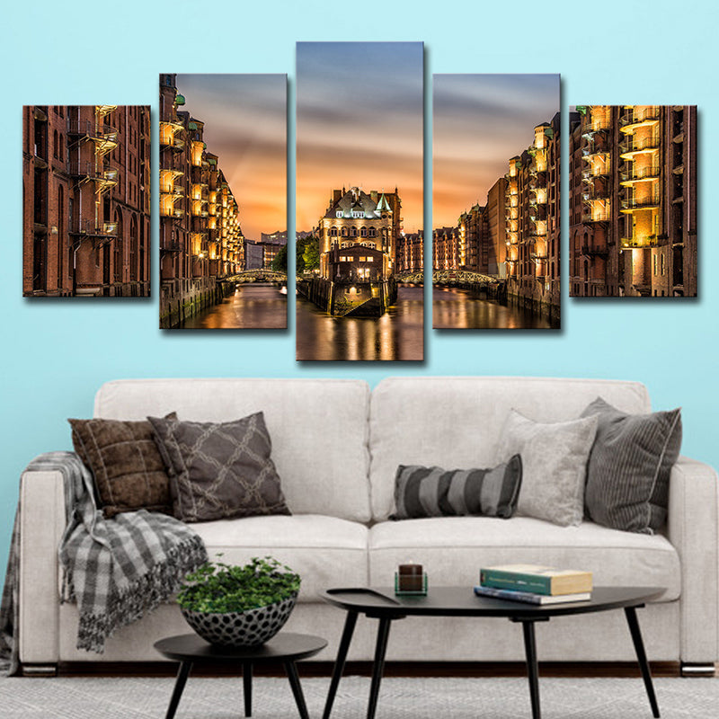 Brehn | Glam Night Cityscape Wanddekoration Gold Hamburg Wasserburg Leinwand Wandkunst für das Wohnzimmer