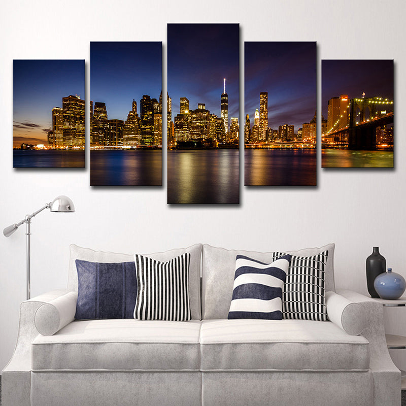 Brehn | Brooklyn Bridge Wandkunst Deko für Zuhause Nachthimmel Stadtlandschaft Leinwand in Schwarz, Mehrteilig
