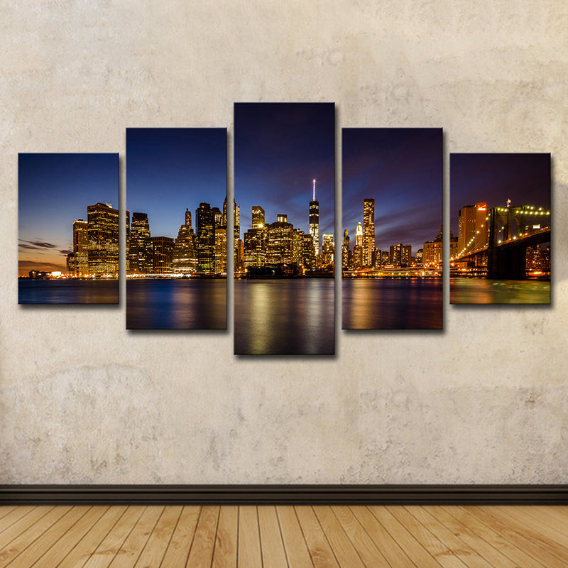Brehn | Brooklyn Bridge Wandkunst Deko für Zuhause Nachthimmel Stadtlandschaft Leinwand in Schwarz, Mehrteilig