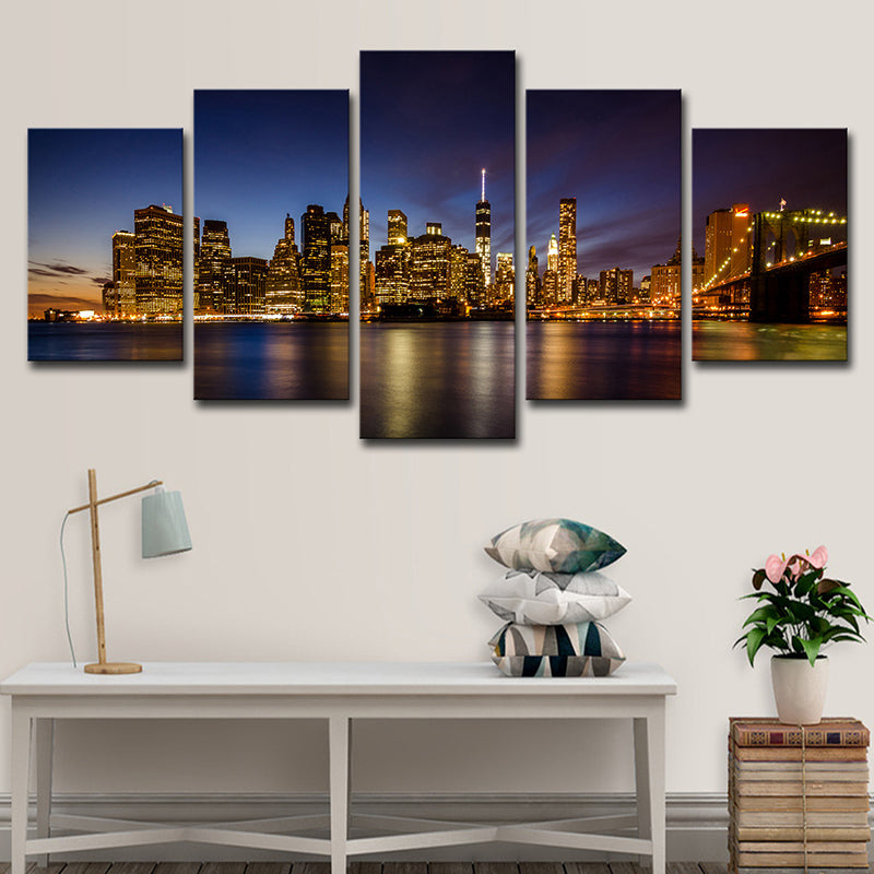Brehn | Brooklyn Bridge Wandkunst Deko für Zuhause Nachthimmel Stadtlandschaft Leinwand in Schwarz, Mehrteilig