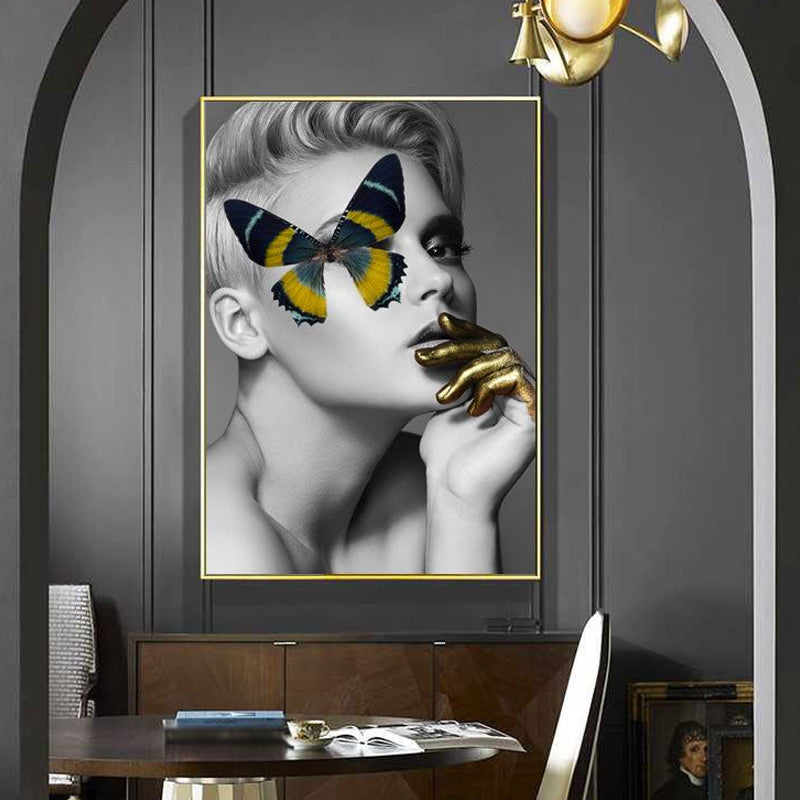 Brehn | Glam Wandkunst Grau-Gelb Frau mit Schmetterling über dem Auge Leinwand für Mädchen Schlafzimmer