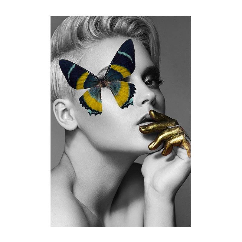 Brehn | Glam Wandkunst Grau-Gelb Frau mit Schmetterling über dem Auge Leinwand für Mädchen Schlafzimmer