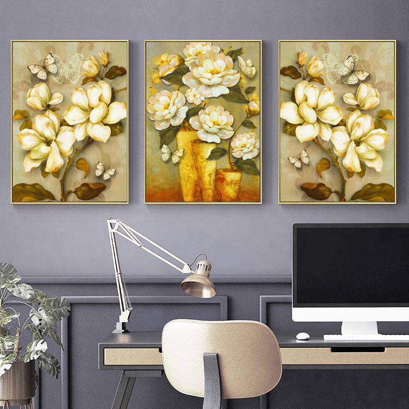 Brehn | Gold Blooming Flower Print Canvas Texturiert Französischer Landhaus Wohnzimmer Wandkunst