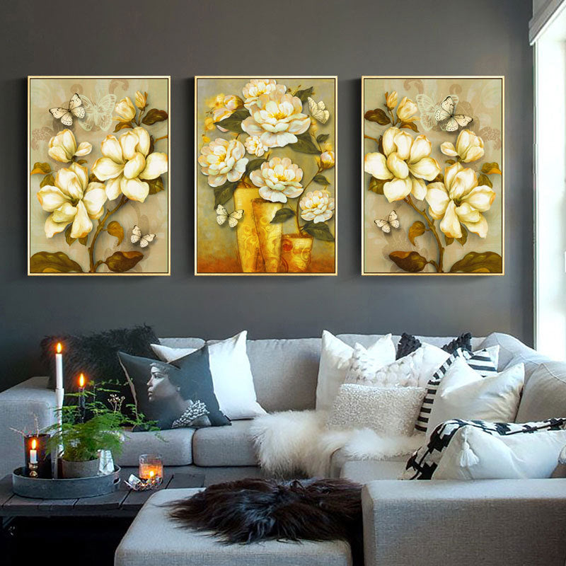 Brehn | Gold Blooming Flower Print Canvas Texturiert Französischer Landhaus Wohnzimmer Wandkunst
