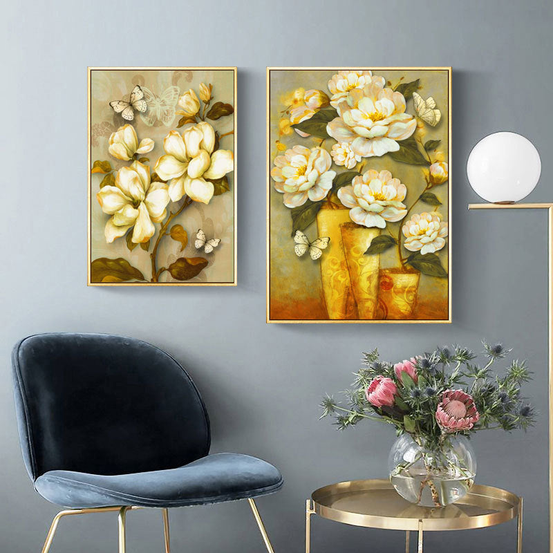 Brehn | Gold Blooming Flower Print Canvas Texturiert Französischer Landhaus Wohnzimmer Wandkunst