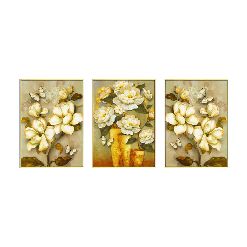 Brehn | Gold Blooming Flower Print Canvas Texturiert Französischer Landhaus Wohnzimmer Wandkunst