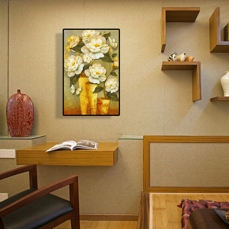 Brehn | Gold Blooming Flower Print Canvas Texturiert Französischer Landhaus Wohnzimmer Wandkunst