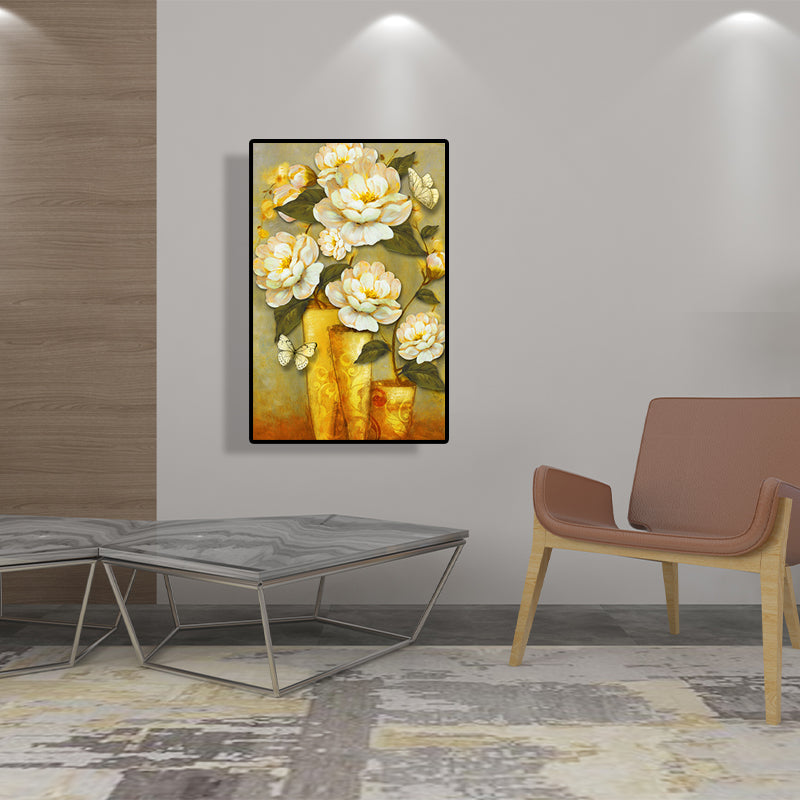 Brehn | Gold Blooming Flower Print Canvas Texturiert Französischer Landhaus Wohnzimmer Wandkunst