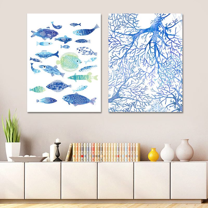 Brehn | Tropische Unterwasserwelt Kunstdruck Blau Wohnzimmer Wanddekoration, Texturierte Oberfläche