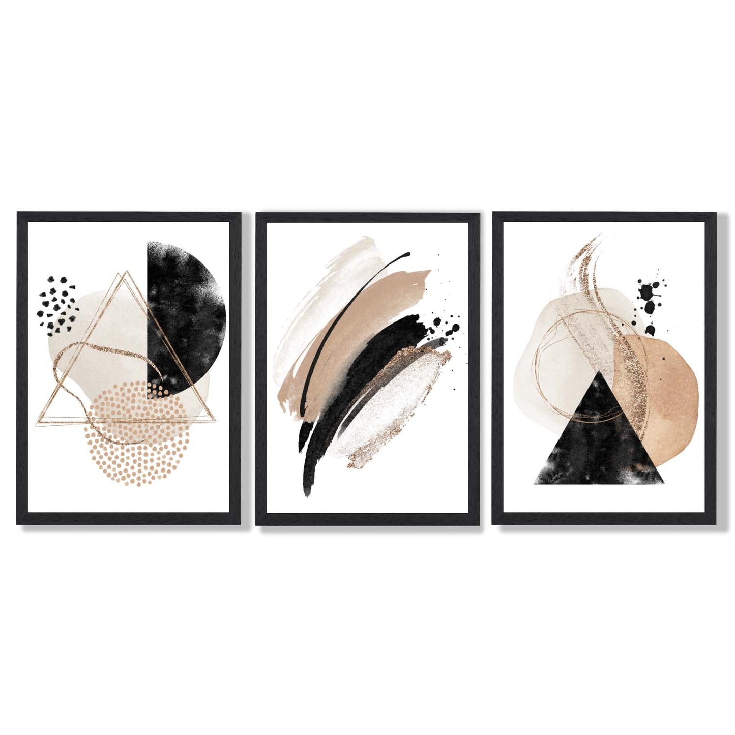 Abstraktes, schwarz-beiges Set aus 3 Aquarellformen, gerahmte Wandbilder