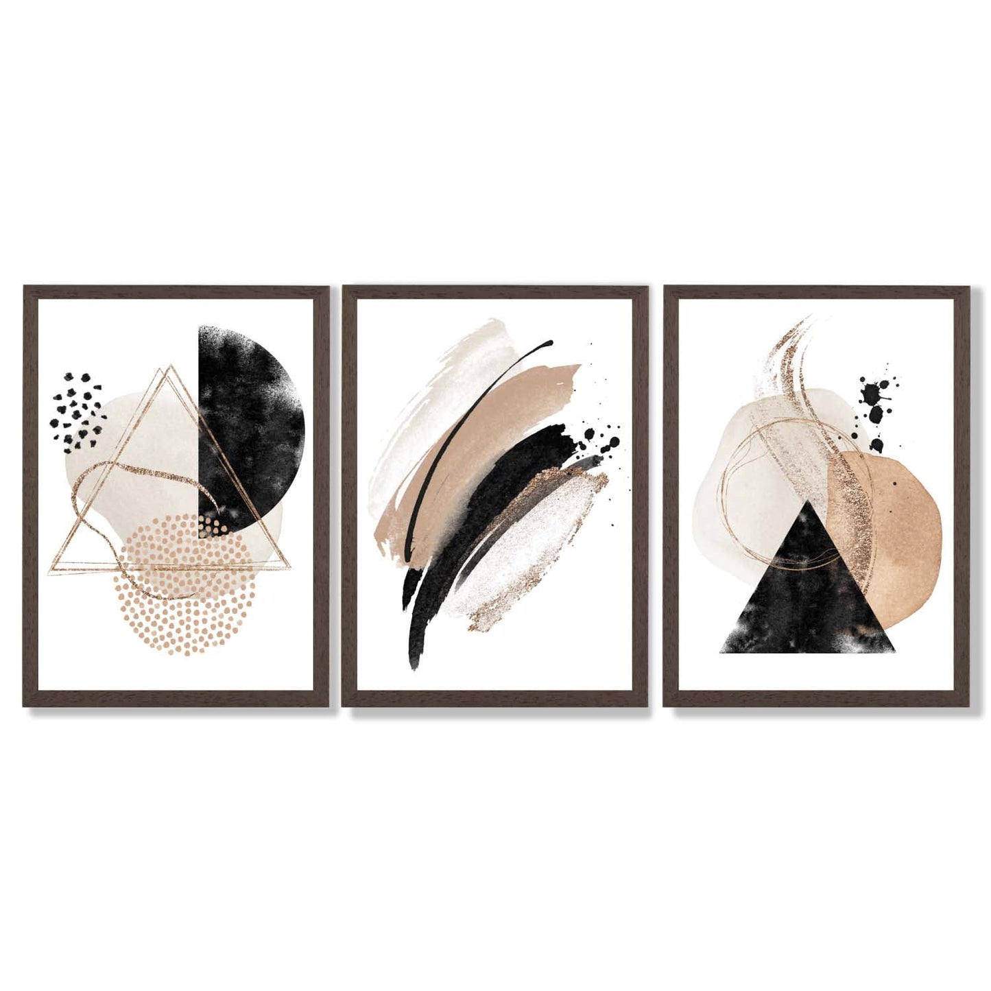 Abstraktes, schwarz-beiges Set aus 3 Aquarellformen, gerahmte Wandbilder