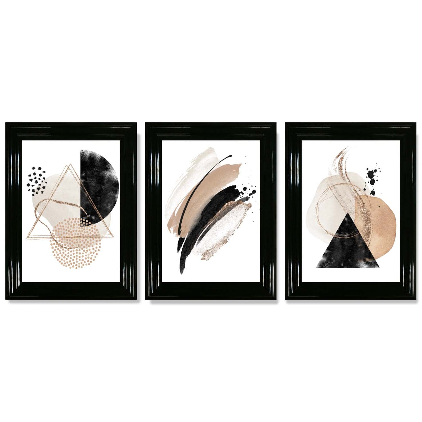 Abstraktes, schwarz-beiges Set aus 3 Aquarellformen, gerahmte Wandbilder