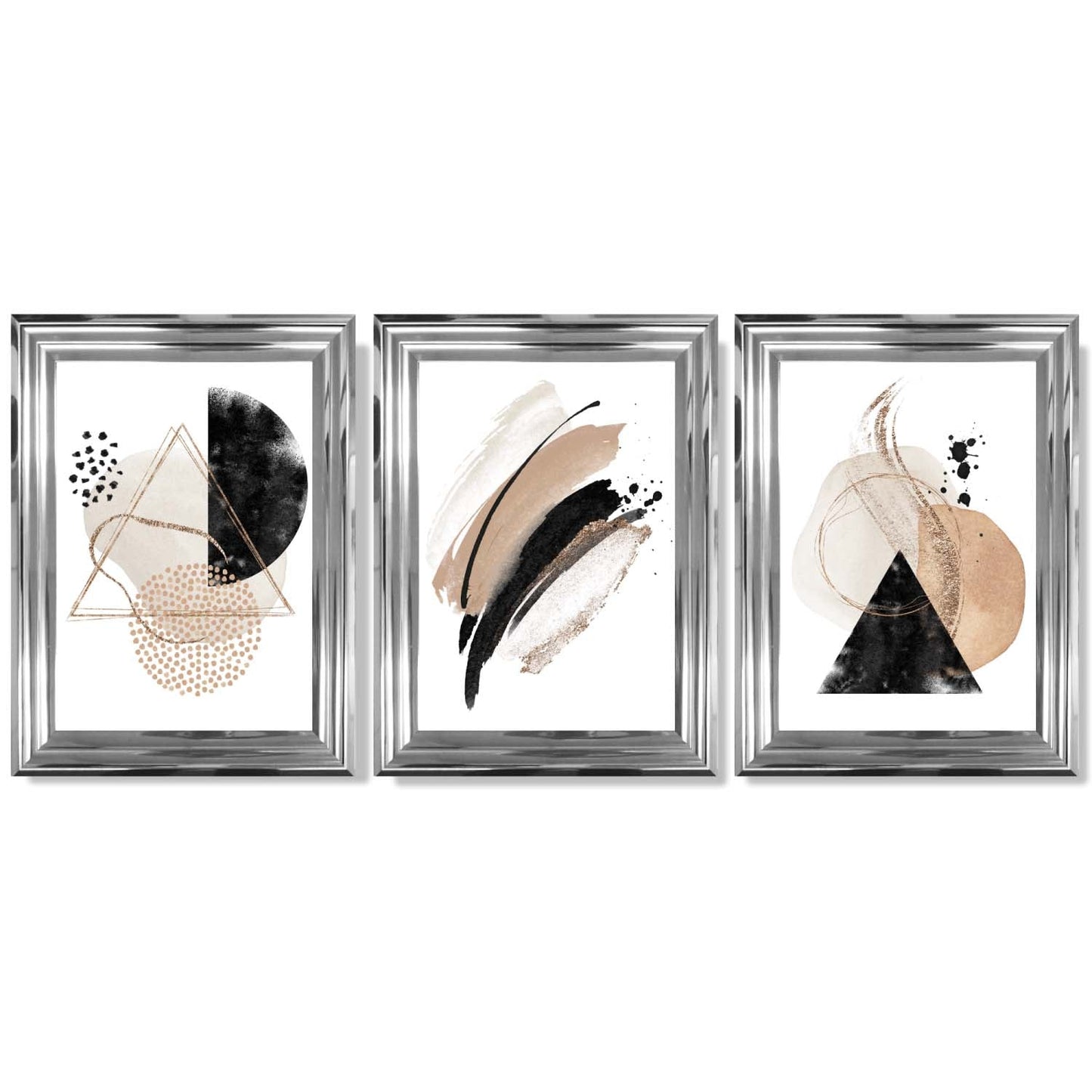 Abstraktes, schwarz-beiges Set aus 3 Aquarellformen, gerahmte Wandbilder