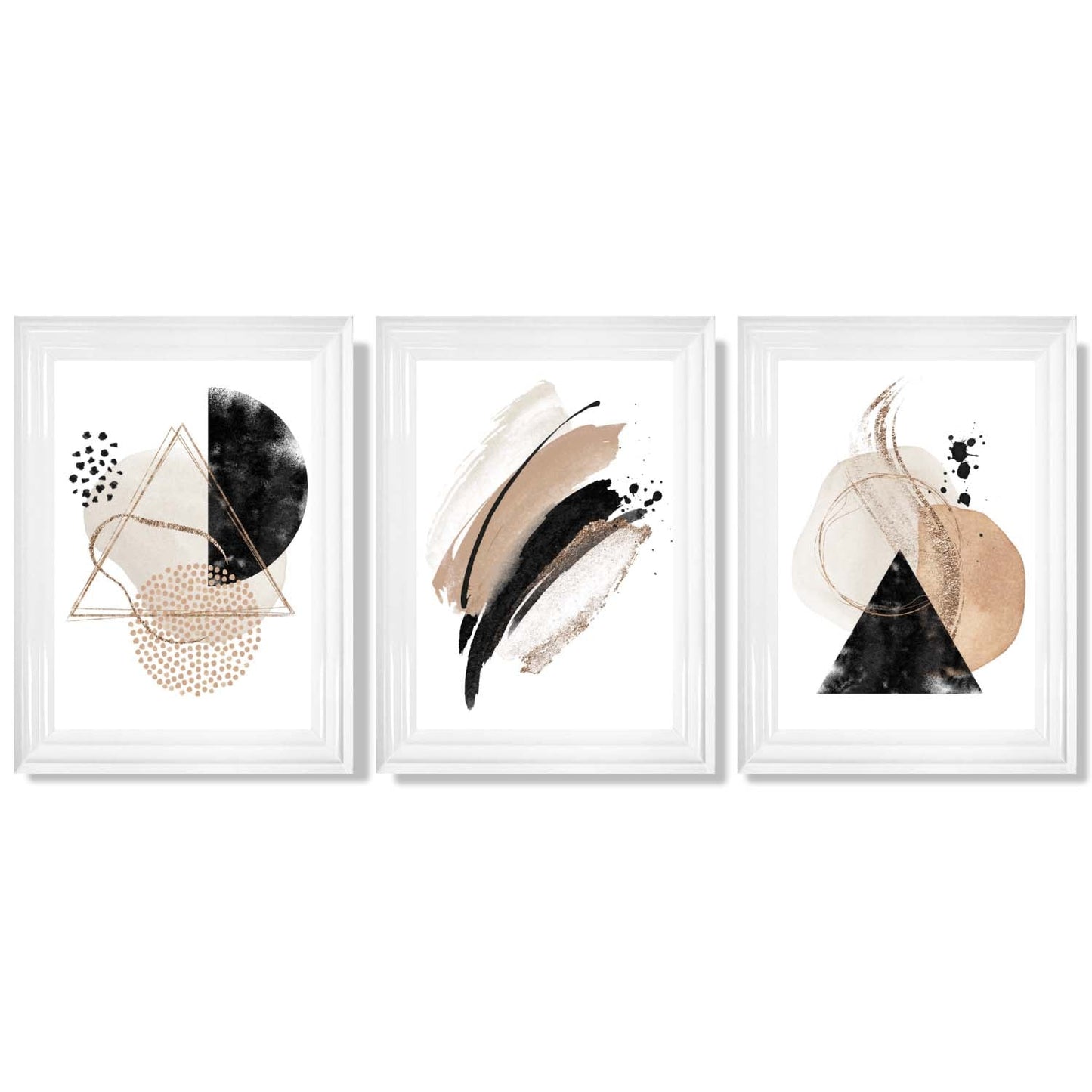 Abstraktes, schwarz-beiges Set aus 3 Aquarellformen, gerahmte Wandbilder