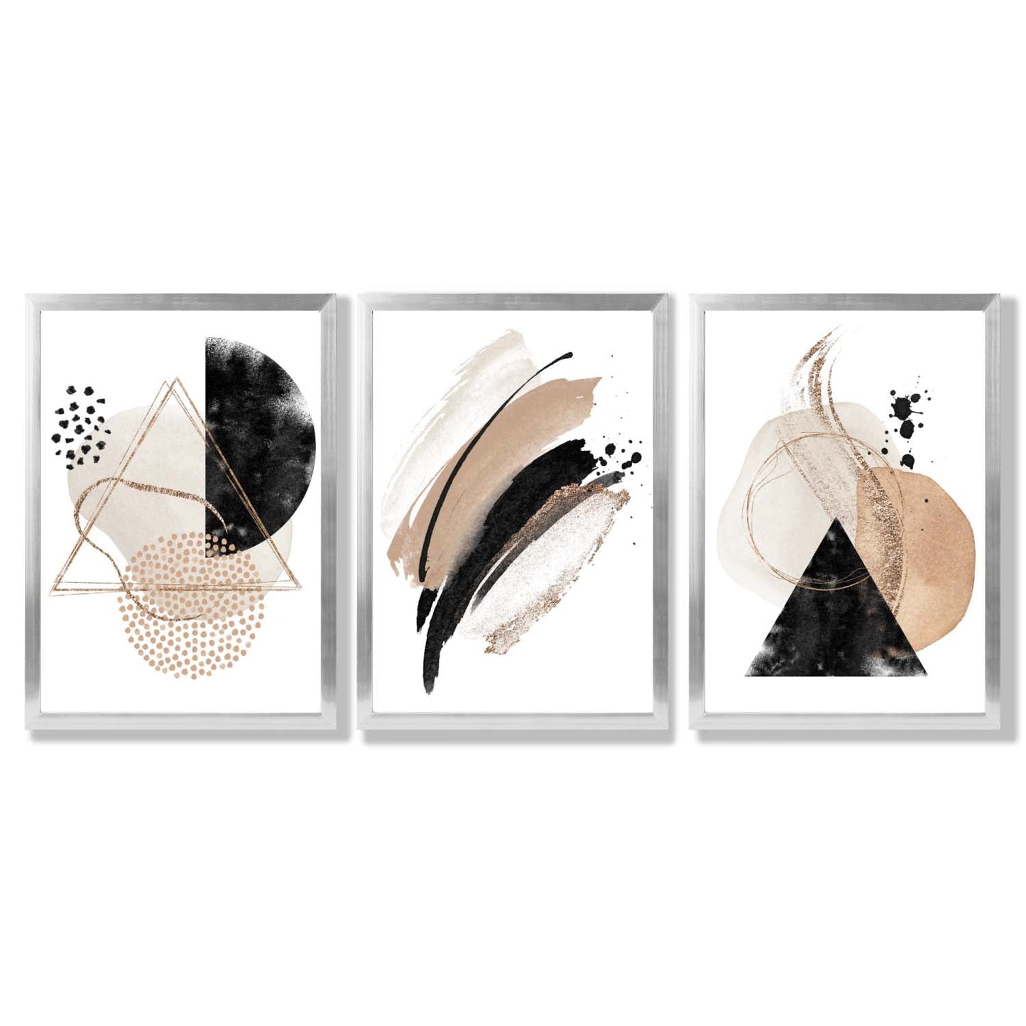 Abstraktes, schwarz-beiges Set aus 3 Aquarellformen, gerahmte Wandbilder
