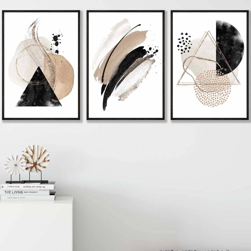 Abstraktes Set aus 3 Aquarell-Kunstdrucken in Schwarz und Beige