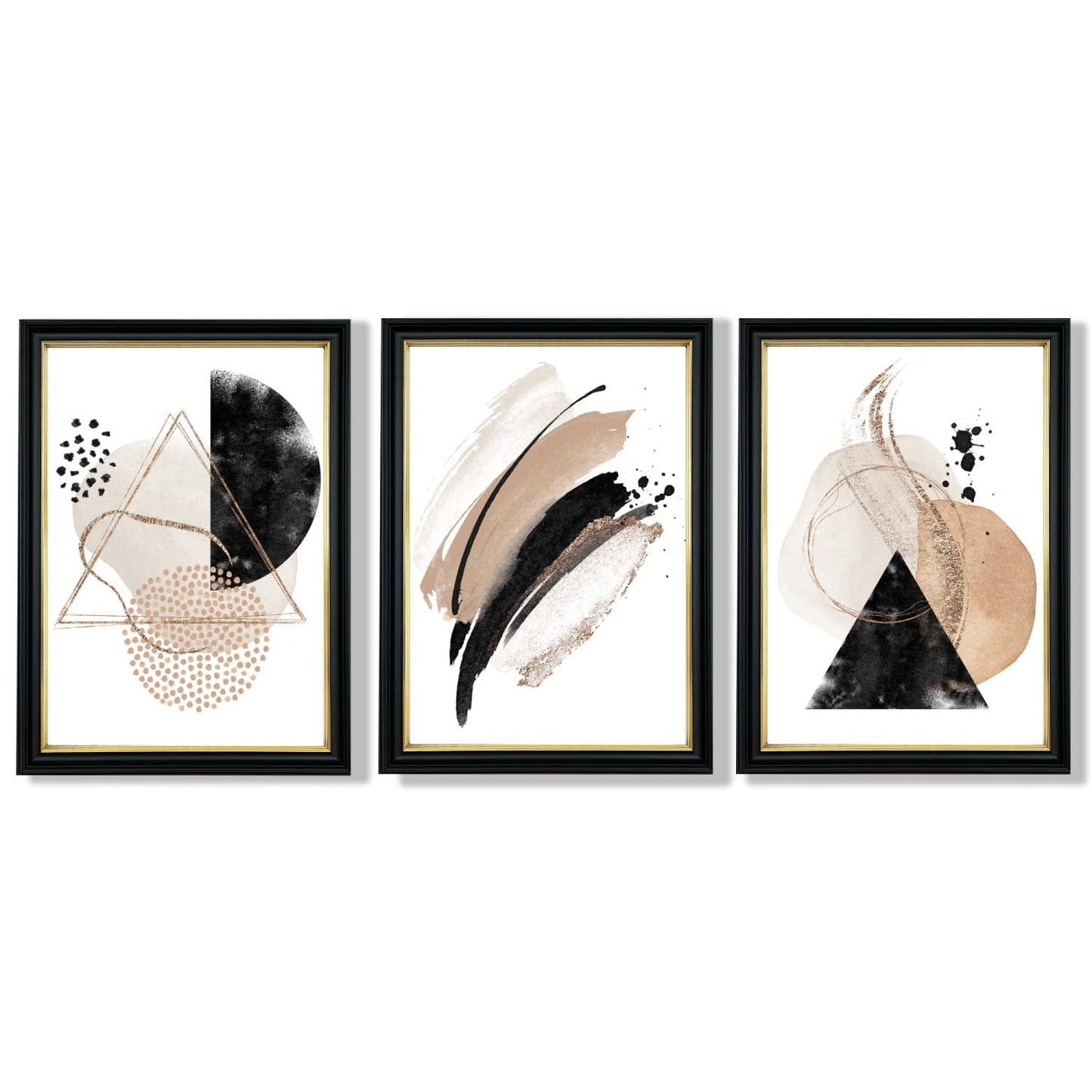 Abstraktes, schwarz-beiges Set aus 3 Aquarellformen, gerahmte Wandbilder