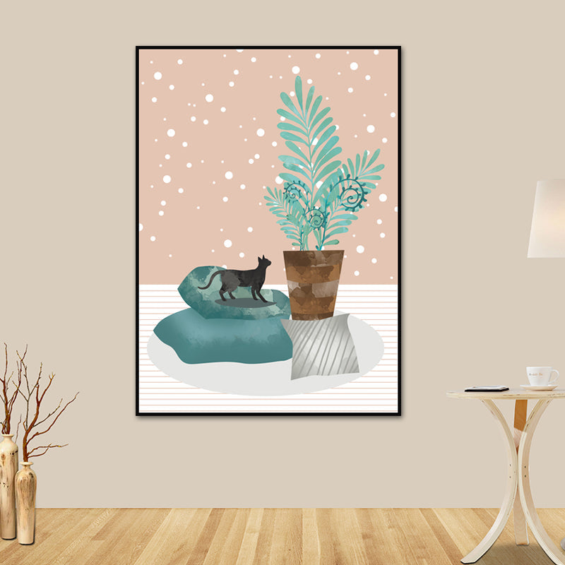 Brehn | Katze und Topfpflanze Kunstdruck Sanfte Farbige Leinwand Wanddekoration für das Wohnzimmer, Strukturierte Oberfläche