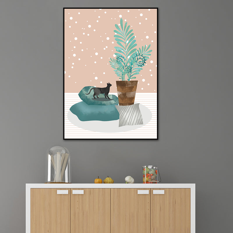 Brehn | Katze und Topfpflanze Kunstdruck Sanfte Farbige Leinwand Wanddekoration für das Wohnzimmer, Strukturierte Oberfläche