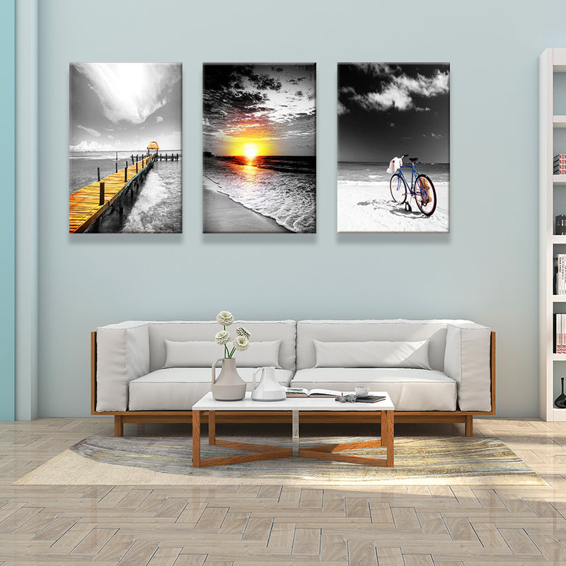 Brehn | Tropix Strand Seascape Wandkunst Set Grau und Gelb Texturiertes Canvas für Hausinterieur