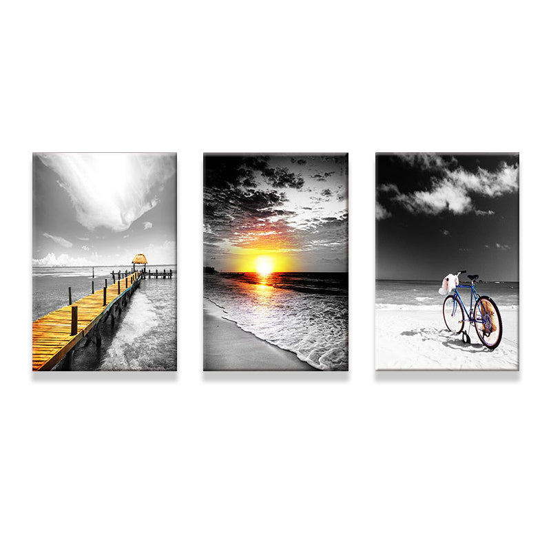 Brehn | Tropix Strand Seascape Wandkunst Set Grau und Gelb Texturiertes Canvas für Hausinterieur