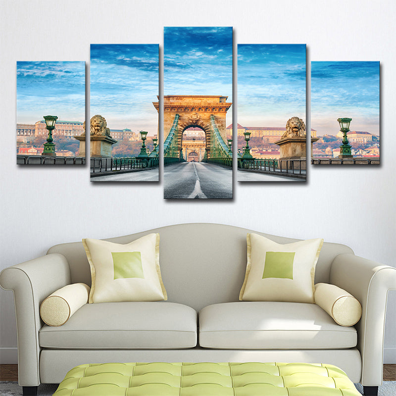 Brehn | Modern Budapest Kettenbrücke Leinwand Blau Multi-Stück Wandkunst für das Wohnzimmer