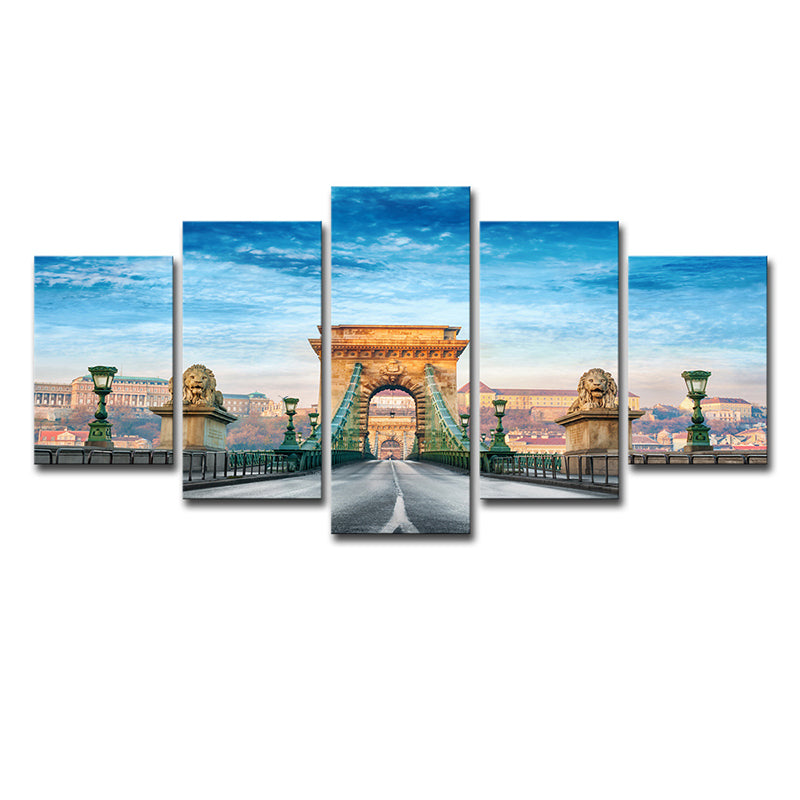 Brehn | Modern Budapest Kettenbrücke Leinwand Blau Multi-Stück Wandkunst für das Wohnzimmer
