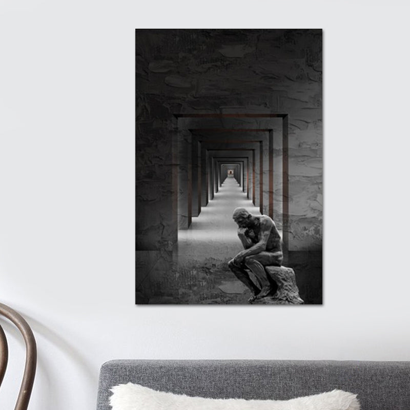 Brehn | Graues zeitgenössisches Leinwand-Wandbild Quadrat Flur und die Denker Statue Wanddekor für Zimmer