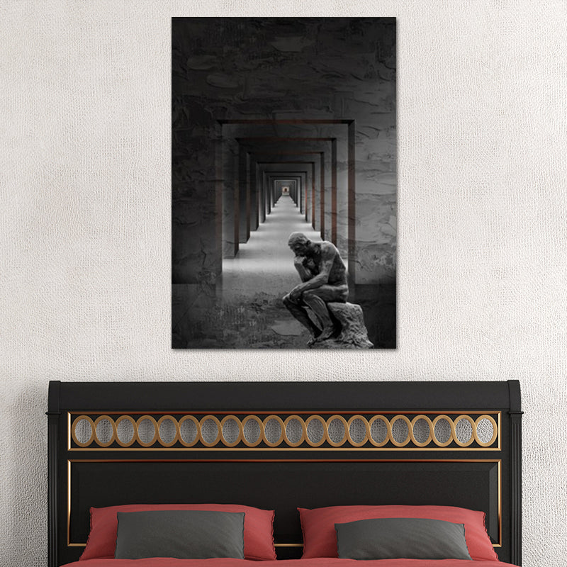Brehn | Graues zeitgenössisches Leinwand-Wandbild Quadrat Flur und die Denker Statue Wanddekor für Zimmer
